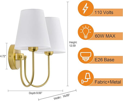 Hardwired White Fabric 2 Light Wall Sconce Double Headed Cloth Shade Fixture for Bedroom, Bathroom & Hallway (Direct Wire)