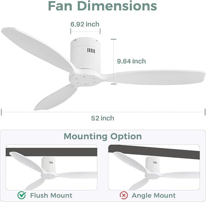 Sofucor 52 Inch Smart Ceiling Fan Without Light Flush Mount Solid Wood Ceiling Fan with Alexa/Google/APP/Remote Control-Modern Outdoor Ceiling Fans No Light for Bedroom/Patio/Indoor, White