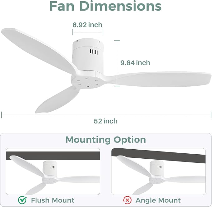 Sofucor 52'' Low Profile Ceiling Fan Remote Control without Lights,Wood Flush Mount White Ceiling Fans no light, Modern Ceiling Fan Reversible DC for Bedroom,Farmhouse,Living Dining Room,Kitchen