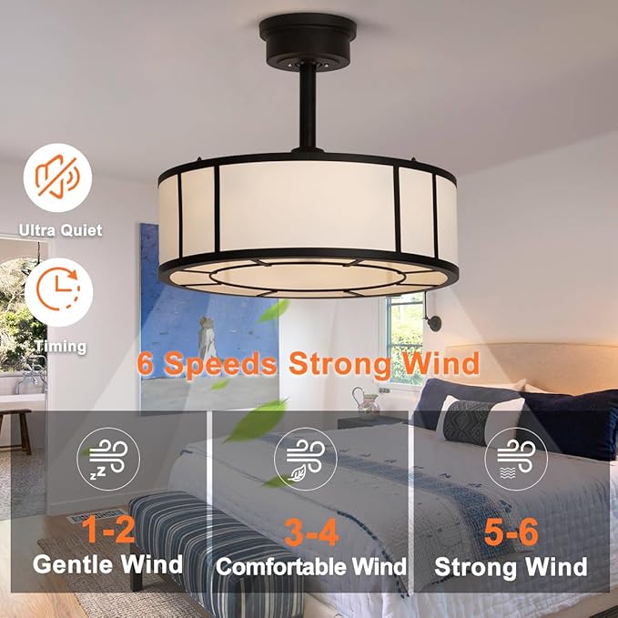 SHLUCE Fandelier Caged Boho Ceiling Fan with Light, Farmhouse Small Ceiling Fans with Lights and Remote, Rustic Bladeless Ceiling Fans with Lights for Bedroom, Kitchen, 6 Lights, 6 Speeds, White