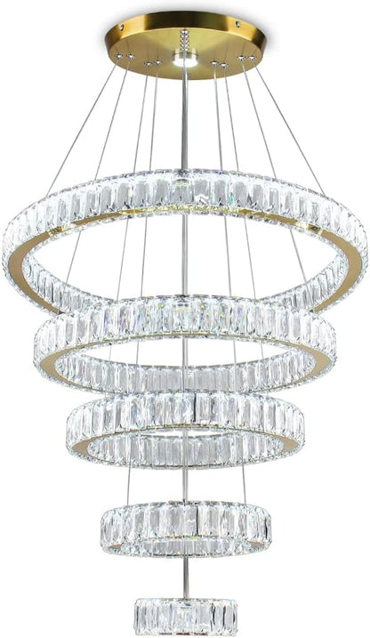 Dixun LED Crystal Chandeliers, Modern 5 Rings Pendant Light Titanium Gold Stainless Steel Height Adjustable Ceiling Light for Bedroom Dinning Room Kitchen (Cool White)