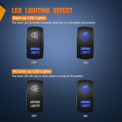 Nilight Driving Lights Rocker Switch Led Light Bar 5 Pin Laser On Off SPST Switches 20A/12V 10A/24V Blue with Jumper Wires Set for Cars Trucks Boats ATVs UTVs RVs
