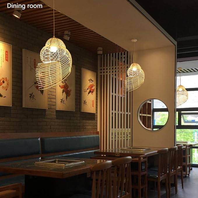 Retro Conch Pendant Lamp Hand Woven Ceiling Lighting Weave Bamboo Rattan E26 Hanging Light Fixture Retro Japanese Wicker Lamp Shade for Bedroom Restaurant Cafe Brown