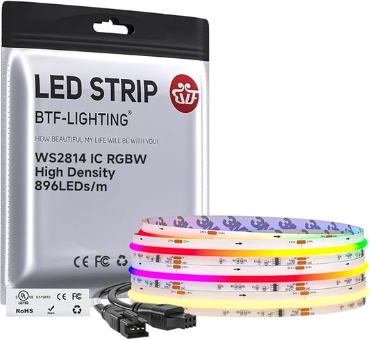 BTF-LIGHTING FCOB COB LED Strip WS2814 Smart IC RGBW 3000K, UL Listed 896LEDs/m High Density Color Chasing Uniform Light, DC24V 9.8FT 12mm Width for Home Party DIY Decor(No Adapter or Controller)