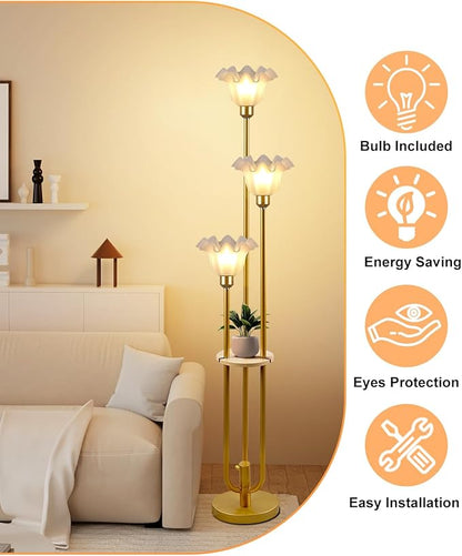 Flower Floor Lamp for Living Room, Dimmable Vintage Floor Lamp with Shelf & LED Bulbs, 3 Light 3000K Warmwhite Mid Century Gold Floral Tall Standing Lamp with 5Lbs Heavy Base for Bedroom