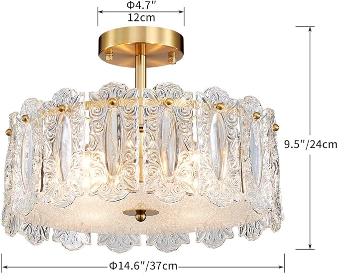 AGV LIGHTING Elegant Glass Chandelier Ceiling Light Fixture, Semi Flush Mount Ceiling Light for Bedroom, Modern Vintage Lighting, D15 x H10, Brass Gold Finish