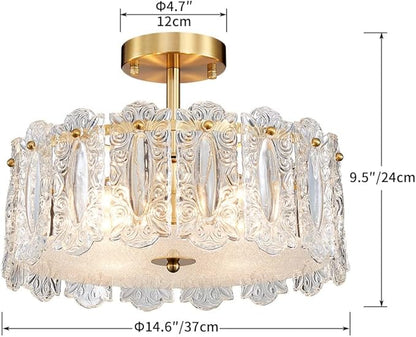 AGV LIGHTING Elegant Glass Chandelier Ceiling Light Fixture, Semi Flush Mount Ceiling Light for Bedroom, Modern Vintage Lighting, D15 x H10, Brass Gold Finish