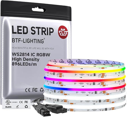 BTF-LIGHTING FCOB COB LED Strip WS2814 Smart IC RGBW 6000K, UL Listed 896LEDs/m High Density Color Chasing Uniform Light, DC24V 16.4FT 12mm Width for Home Party DIY Decor(No Adapter or Controller)