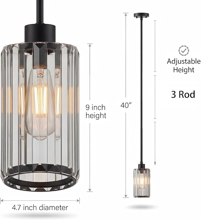 Modern Clear Fluted Glass Pendant Light 2 Pack - Adjustable E26 Hanging Lamp for Kitchen Island & Dining Room
