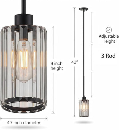 Modern Clear Fluted Glass Pendant Light 2 Pack - Adjustable E26 Hanging Lamp for Kitchen Island & Dining Room
