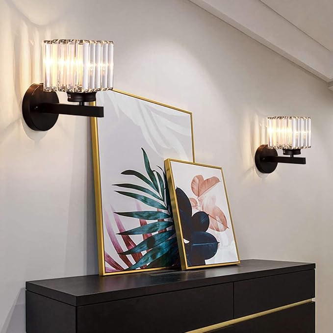 Hardwired Crystal Wall Sconces, Modern E27 Wall Lights, Black Square Finish Wall Lamp for Living Room Bedroom Dining Room Hallway Entryway (Black Square)