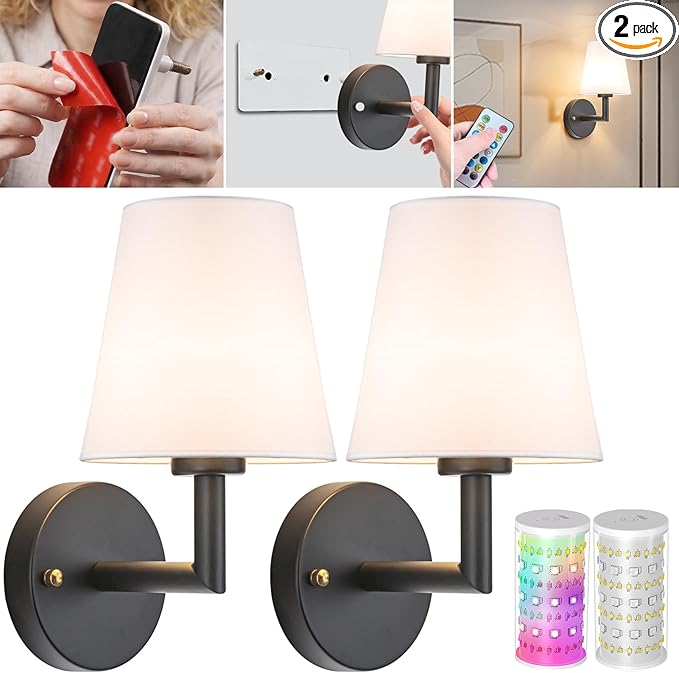 Vimhou Peel and Stick Wall Sconces, Stick On Wall Sconce Set of 2, Battery Operated Wireless Wall Light, No Drill Adhesive Wall Lamp, Corn Bulb with 10000mAh Rechargeable Battery, Bedroom Wall Decor
