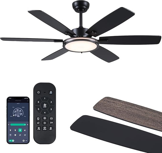 Hounberi Ceiling Fans with Lights, 52 Inch Black Ceiling Fan with Light and Remote Control, 3CCT, 6 Speeds, Quiet Reversible DC Motor, Dimmable, Ceiling Fan for Bedroom, Patio, Living Room