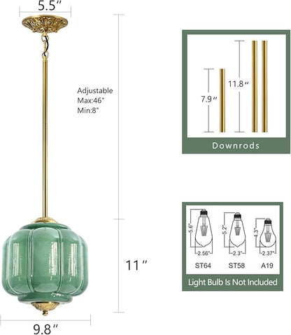 Milk Glass Pendant Light, 10 Inch Green Semi Flush Mount Ceiling Light, Vintage Glass Shade Chandelier With Dimmable E26 Base, Adjustable Hanging Rod, Pendant Light for Bedroom, Hallway, Dining Room