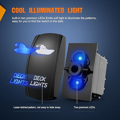 Nilight Deck Lights Rocker Switch Led Light Bar 5 Pin Laser On Off SPST Switches 20A/12V 10A/24V Blue with Jumper Wires Set for Cars Trucks Boats ATVs UTVs RVs
