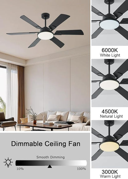 JSAITEE 52 Inch Low Profile Ceiling Fan with Lights, Remote & APP Control, 3CCT Dimmable, 6 Blades 6 Speed Ceiling Fans, Quiet Reversible DC Motor, Modern Black Ceiling Fan for Bedroom Living Room