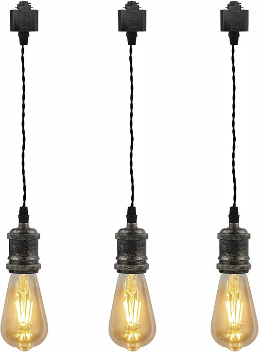 Kiven H-Type Track Lighting Pendants,Industrial h Track Pendant Lights with 24 Inch Cord Length Black Weave Rope,3 Pack Track Lighting Fixture,Rusty Gold Finish