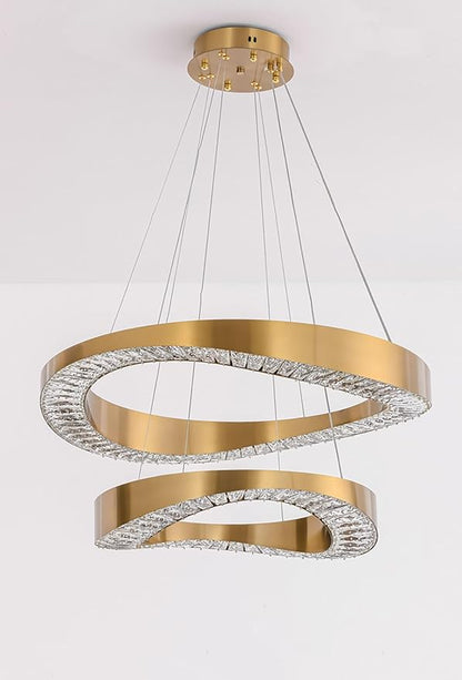 Gold Plated Crystal Chandelier for Living Room 2 Rings D20''+D28'' 120W Modern Gold Ceiling Lights for Dining Room, Hotel Dimmable 2700k 4500k 6000k