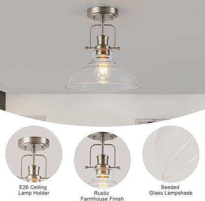 WILON Semi Flush Mount Ceiling Light Fixture, Brushed Nickel Farmhouse Light Fixtures with Clear Glass Shade, Modern Vintage Ceiling Lamp for Kitchen Island Sink Foyer Bathroom Entryway Laundry Room