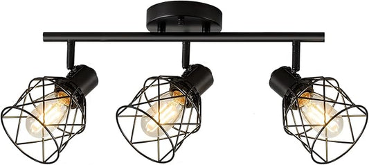 3-Lights Track Lighting, Adjustable Multi-Directional Ceiling Light Fixtures, Rotatable Farmhouse Light Fixtures Mount with Metal Cage for Dining Room, Living Room, Bedroom, E26 Base