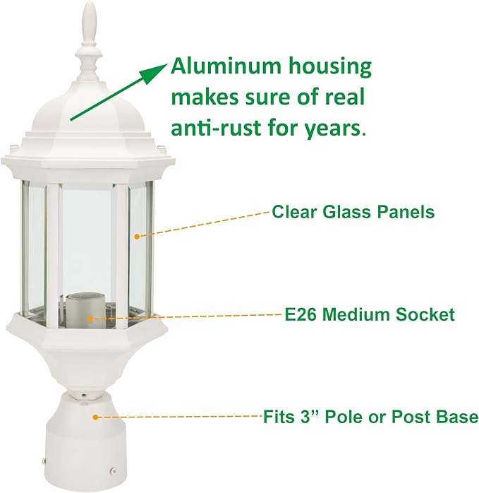 LIT-PaTH Outdoor Post Lighting Fixture Pole Lantern, E26 Medium Base Max 60W, Aluminum Housing Plus Glass, 2-Pack, White Finish