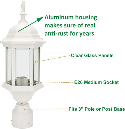 LIT-PaTH Outdoor Post Lighting Fixture Pole Lantern, E26 Medium Base Max 60W, Aluminum Housing Plus Glass, 1-Pack, White Finish