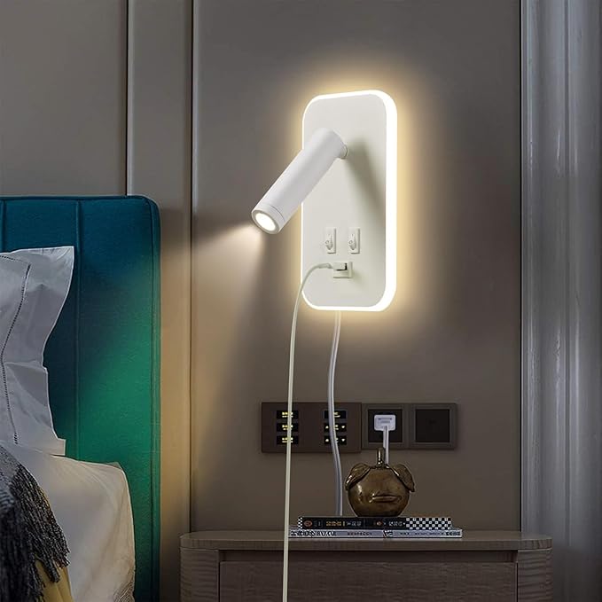 Wall Sconce Plug in with Wall Mounted Reading Lights, Wall Lamp for Bedroom with Charging Station USB Ports,Headboard Bedside Lamps, Plug-in or Hardwired, Eye-Caring Bedroom Lighting, White