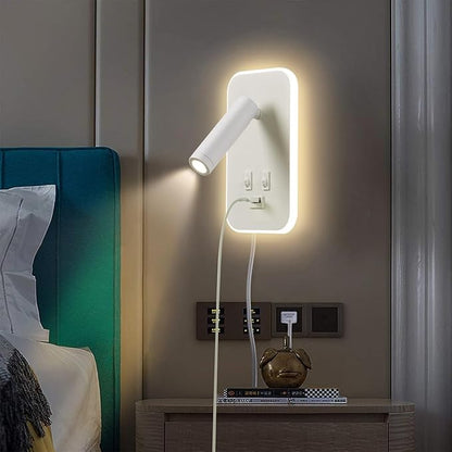 Wall Sconce Plug in with Wall Mounted Reading Lights, Wall Lamp for Bedroom with Charging Station USB Ports,Headboard Bedside Lamps, Plug-in or Hardwired, Eye-Caring Bedroom Lighting, White