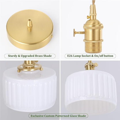 Shenmoyl Pendant Light with White Striped Glass Lmapshade, Brass Vintage Pendant Light Adjustable Hanging Light for Kitchen Island Dining Room Hallway