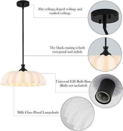 15.7" Vintage Modern Black Chandelier with Floral Milk White Glass Shades, Adjustable Height Pendant Light for Kitchen Island, Dining Room, Bedroom