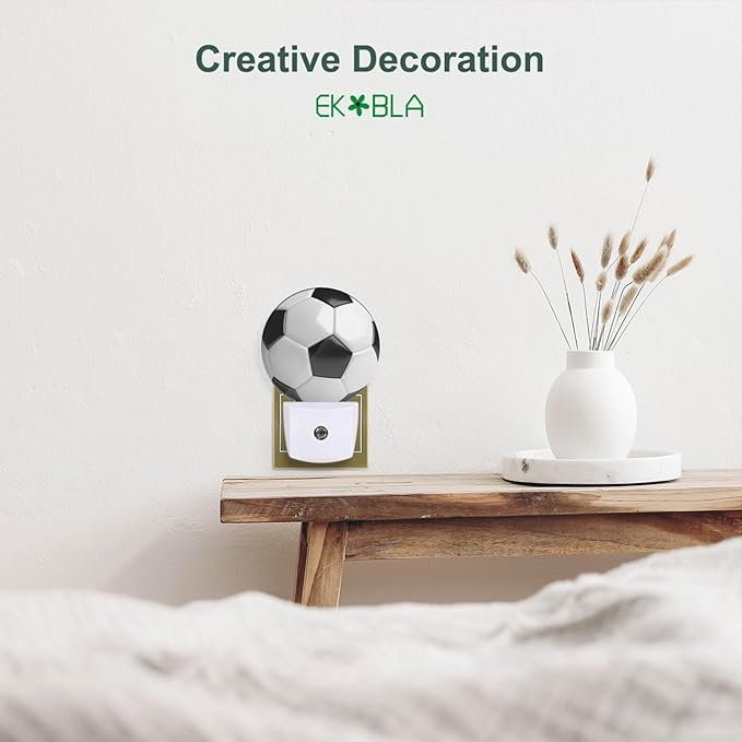 EKOBLA Soccer Ball Plug-in Night Light, Black & White Sports Design LED Nightlight with Dusk to Dawn Sensor for Boys Room, Man Cave, Bedroom & Bathroom