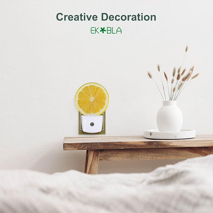 EKOBLA Plug-in Fresh Lemon Slice Night Light, Dusk to Dawn Sensor, Soft Warm LED Lighting, Cute Fruit Design Nightlight Decor for Bedroom Bathroom Hallway