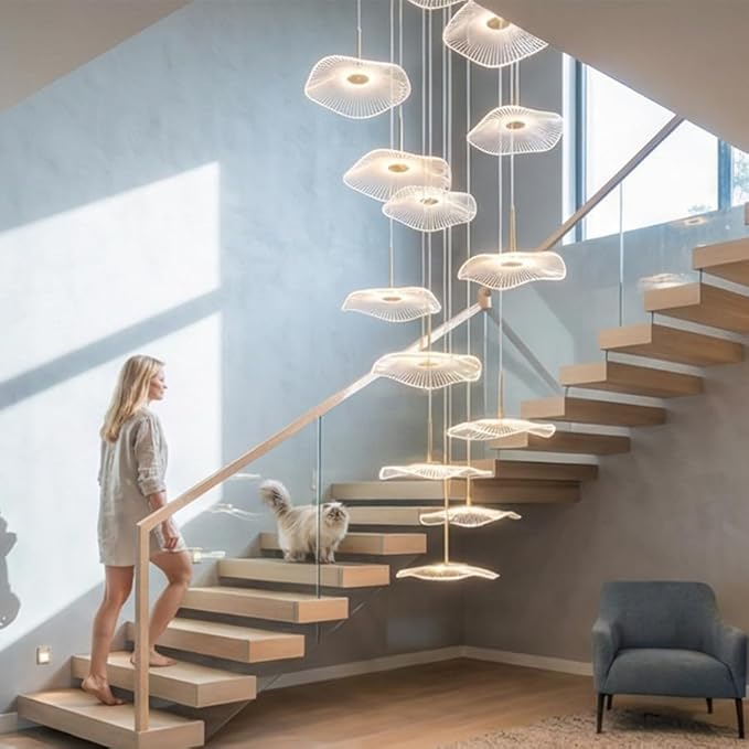 ziidoo High Ceiling Chandelier - 18-Light Dimmable Modern Gold Long Spiral Luxury Linear Lotus Leaf Led Lamp Hanging Pendant Lights for Foyer Enterway Staircase Villas