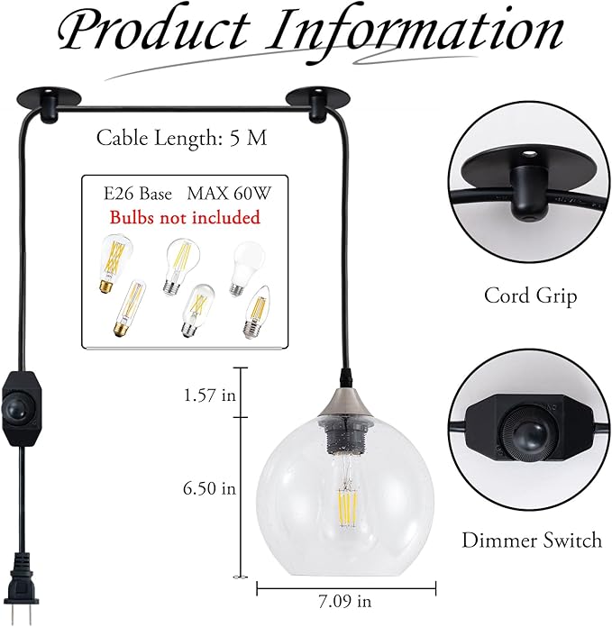 Clear Raindrop Glass Pendant Light Seeded Bubble Glass Shade Plug in Swag Lamp with Dimmable Switch 16.4 Ft Cord for Kitchen Island Dining Room Modern Farmhouse （Bulb not Included）