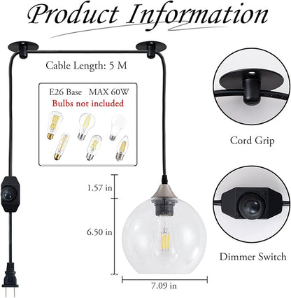 Clear Raindrop Glass Pendant Light Seeded Bubble Glass Shade Plug in Swag Lamp with Dimmable Switch 16.4 Ft Cord for Kitchen Island Dining Room Modern Farmhouse （Bulb not Included）
