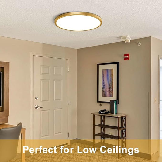 12 Inch Gold LED Ceiling Light Flush Mount, 5000K Daylight White Flat LED Ceiling Light, 24W 3200LM, Round Flat Gold Light Fixture for Bedroom, Kitchen, Hallway (2 Pack)