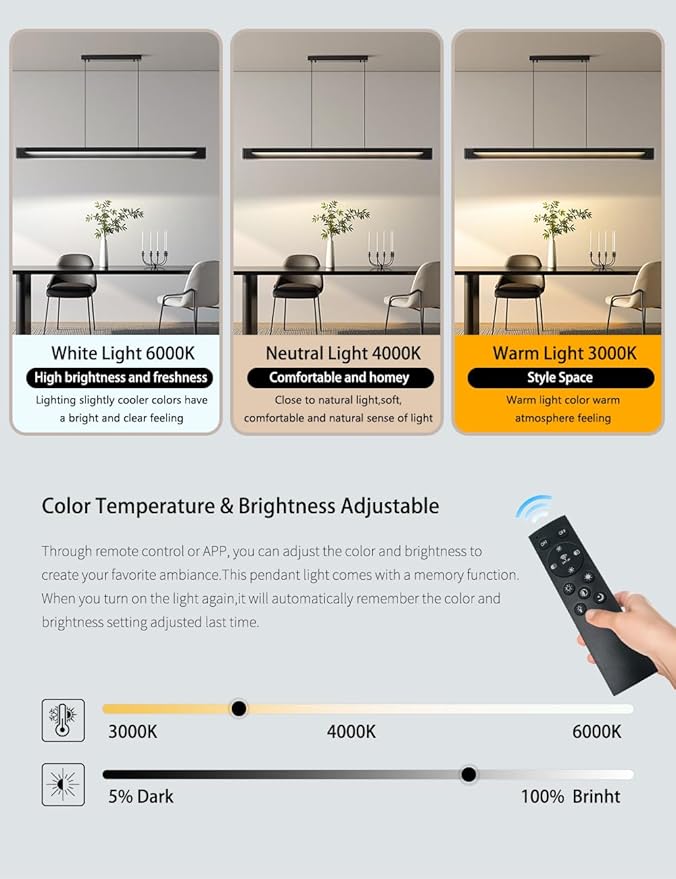 Glass Modern Black Linear Pendant Light - LED Hanging Kitchen Island Lights, Adjustable Dimmable Ceiling Fixtures, Minimalist Chandelier for Dining Room, Bar (51.1")