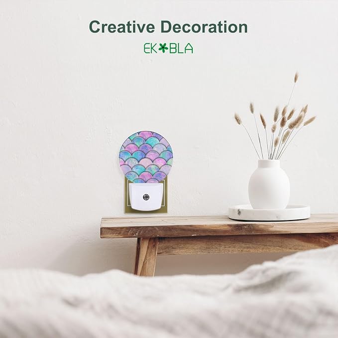 EKOBLA Mermaid Scales Plug-in Night Light, Pink & Blue Ocean Theme LED Nightlight with Auto On/Off Sensor for Kids Bedroom & Bathroom Decor