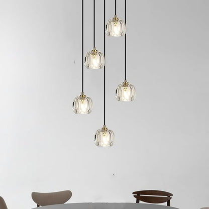 Modern Dining Room Chandelier, Round Crystal Ceiling Pendant Lighting, Brass Raindrop Hanging Lights for Kitchen Island Living Room Farmhouse