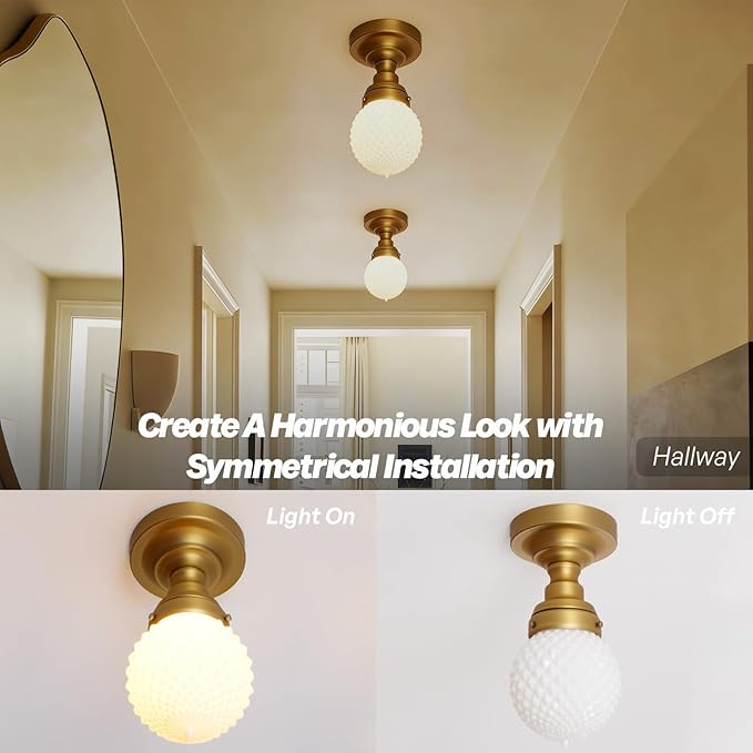 Vintage Close to Ceiling Light Fixtures Brass Gold Semi Flush Mount Ceiling Light Globe Milky White Glass Hallway Ceiling Light for Laundry Entryway Kitchen Bathroom Bedroom E26