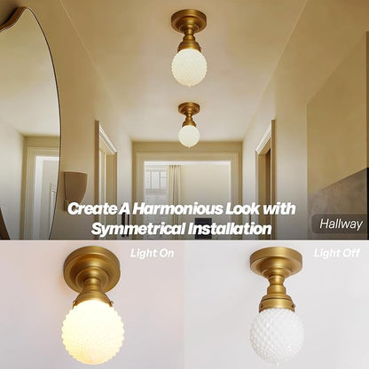 Vintage Close to Ceiling Light Fixtures Brass Gold Semi Flush Mount Ceiling Light Globe Milky White Glass Hallway Ceiling Light for Laundry Entryway Kitchen Bathroom Bedroom E26
