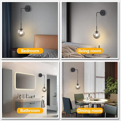 BOKT Modern Smoke Gray Glass Ball Wall Sconce Lighting Mid Century Matte Black Wall Mount Light Fixture Vanity Globe Bathroom Wall Lamp (Black+Smoke Gray)
