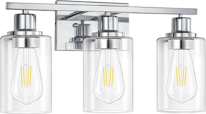 3 Light Vanity Light Fixtures, Polished Chrome Bathroom Wall Sconces, Modern Wall Lights with Clear Glass Shades, Bathroom Wall Lamp over Mirror Kitchen Bedroom Living Room Hallway Cabinet Porch
