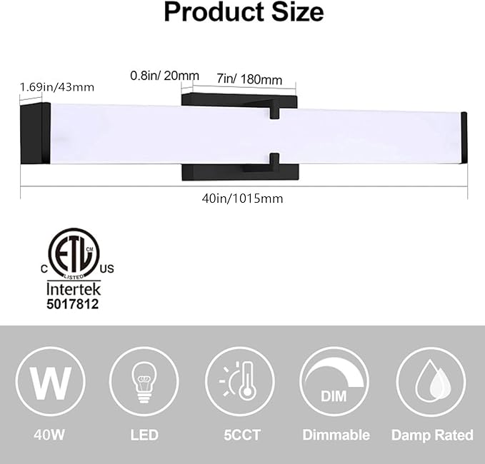 40 inch Bathroom Vanity Light 2700/3000/3500/4000/5000k Dimmable, Black Modern Matte for Vanity Lighting Over Mirror LED, Equivalent to Incandescent 350W, ETL Certificated (1 Pack)