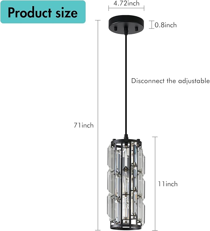 Black Pendant Lighting Modern Pendant Lighti，Pendant Lights Kitchen Island Crystal Pendant Light Fixture，Mini Crystal Chandeliers for Kitchen, Dining Room and Bedroom (3 Pack)