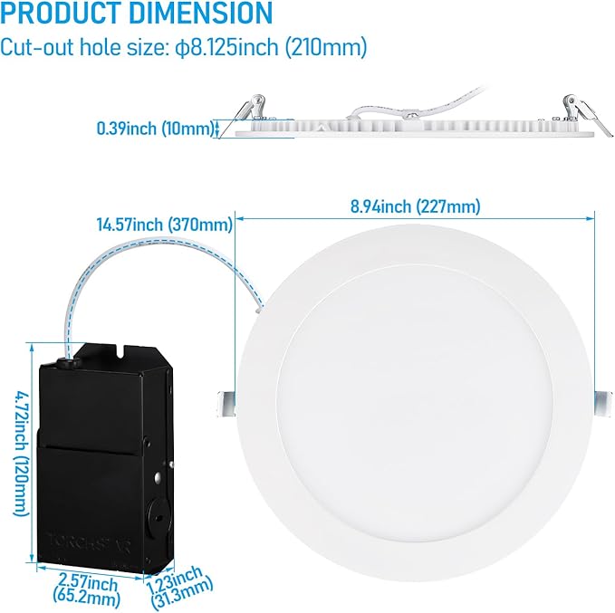 TORCHSTAR Premium Series 8 Inch Ultra-Thin LED Recessed Ceiling Light with J-Box, 18W 10%-100% Dimmable Recessed Downlight, Aluminum, 5000K Daylight, CRI90, ETL Listed, White, Pack of 6