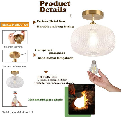 Gold Semi Flush Mount Ceiling Light Fixture,Hallway Light Fixtures,Vintage Ceiling Light Fixture,Globe Glass Ceiling Fixture,Hanging Ceiling Lamp,Farmhouse Lighting for Bathroom Entryway Bedroom