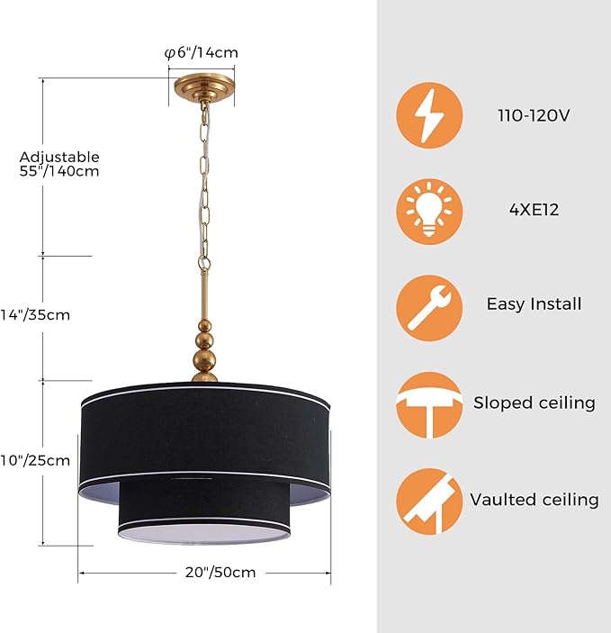 Shrine Lighting Double Drum Chandeliers, Farmhouse Style, Perfect Drum Pendant Light for Dining Room, D20'' x H10'', Adjustable Chains 55'', E12*4 Sockets, Black Linen Fabric Lampshade & Gold Rod