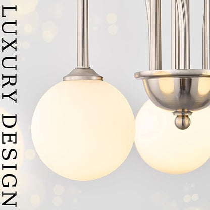 Brushed Nickel Sputnik Chandelier,Modern 6 Lights Chandelier Large L40”Mid Century Long Ceiling Pendant Light Fixtures for Dining Room with Milk Glass Globe Shades for High Ceiling Foyer Living Room