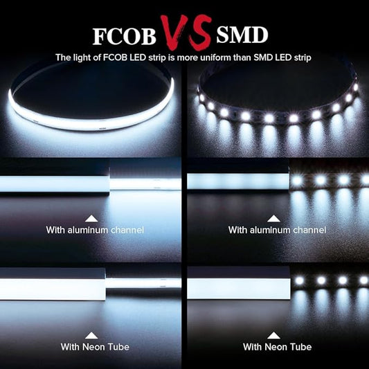 BTF-LIGHTING FCOB COB LED Strip Flexible High Density Uniform Light 9W/m 32.8FT DC24V Daylight White 6000K 480LED/m CRI 90+ 8mm Width for Home Indoor Decor(No Adapter or Controller)